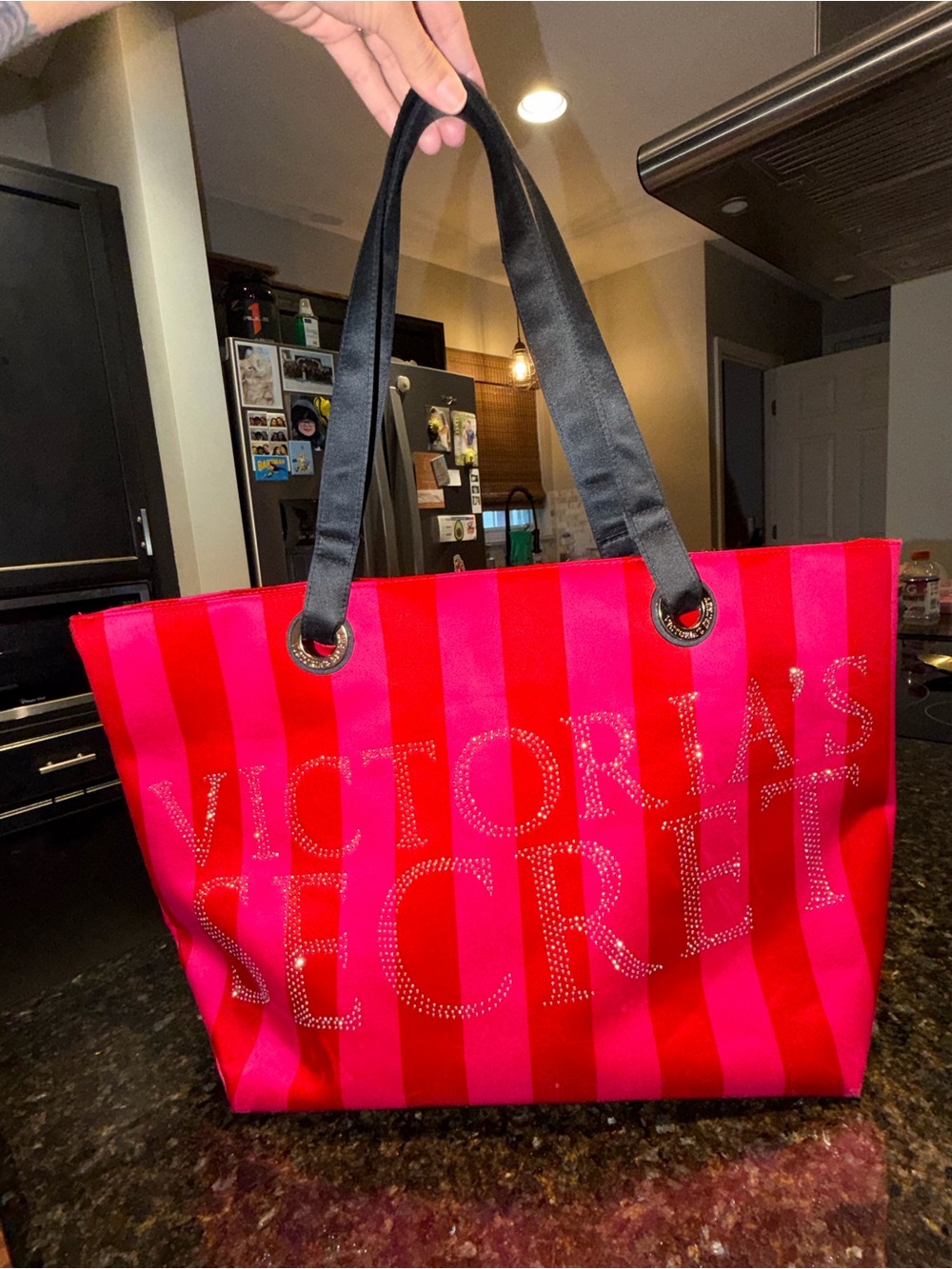 Victoria's Secret Pink and Red Striped Tote with Black Handles